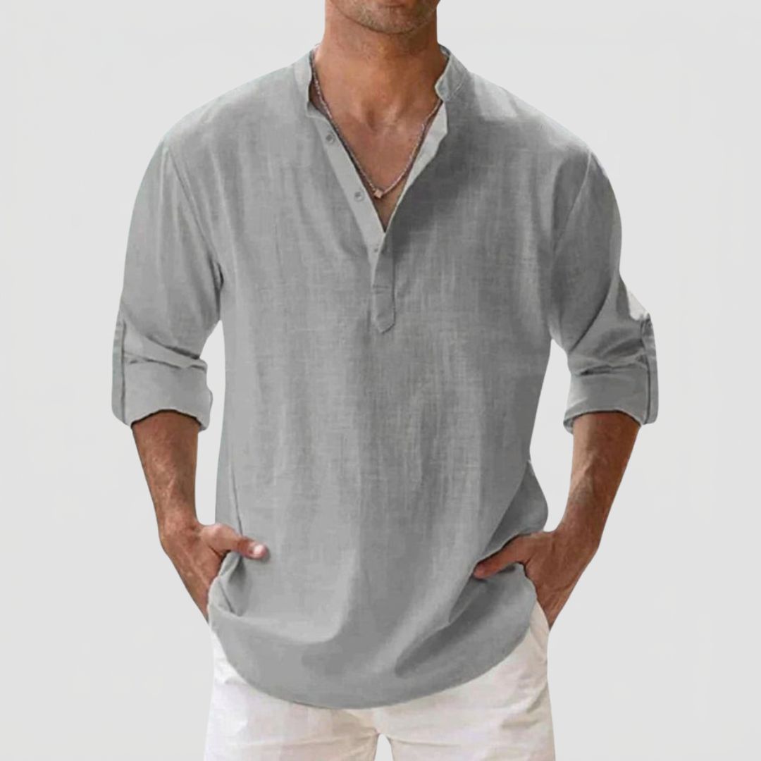 Men's Linen Shirt with Henley Collar and Long Sleeves