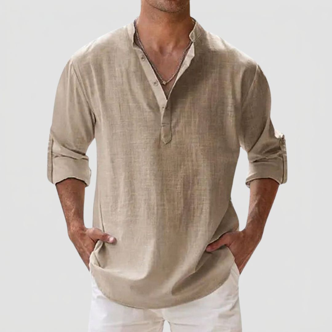Men's Linen Shirt with Henley Collar and Long Sleeves