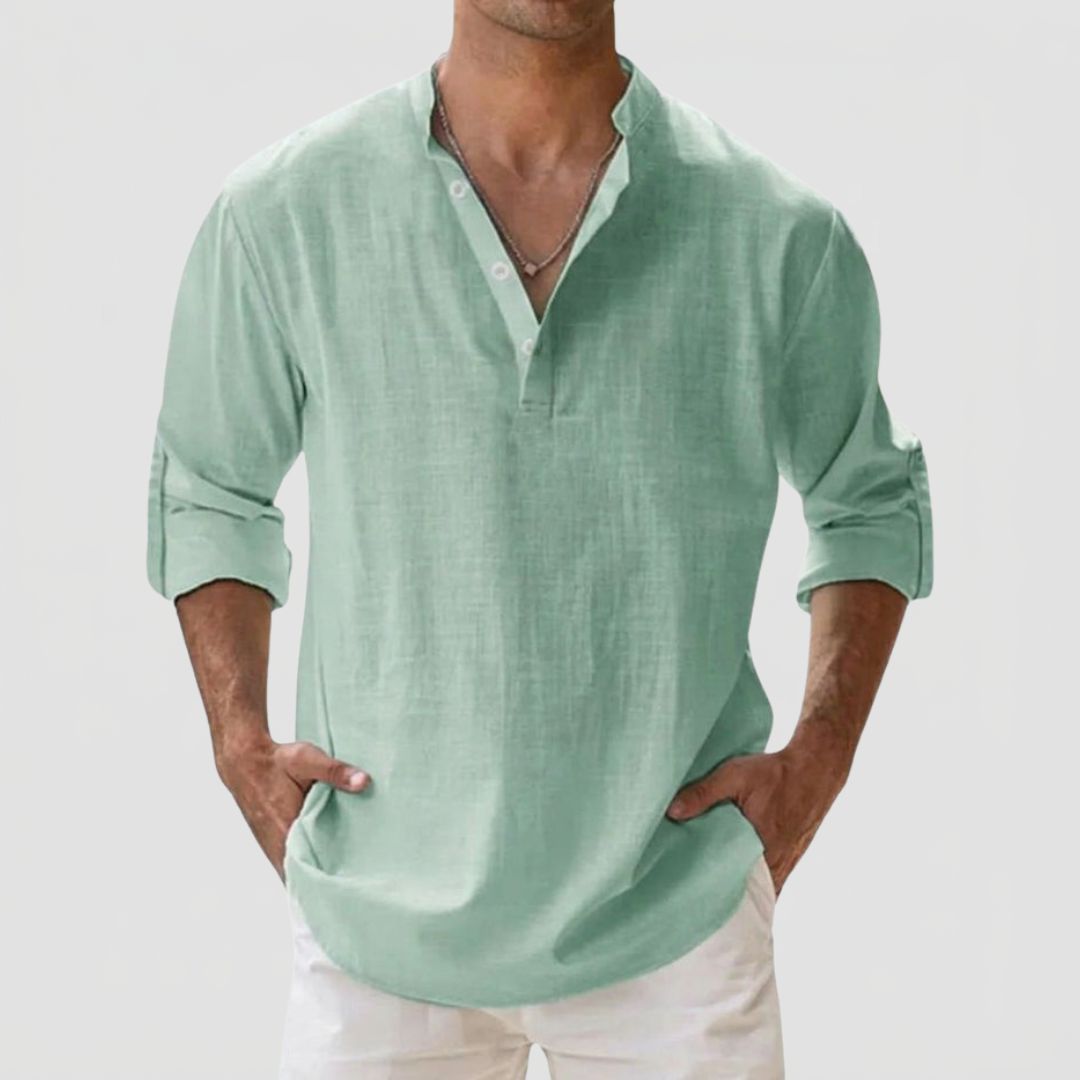 Men's Linen Shirt with Henley Collar and Long Sleeves