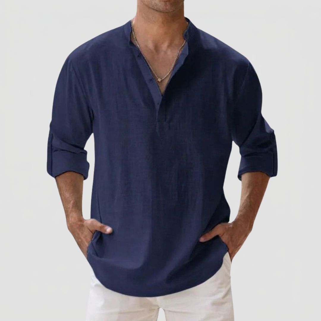 Men's Linen Shirt with Henley Collar and Long Sleeves