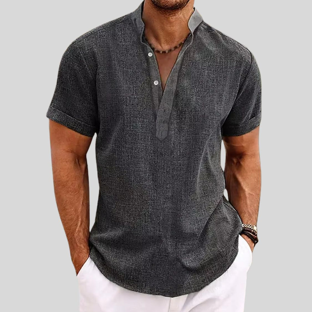 Men's Linen Shirt with Stand Collar and Short Sleeves