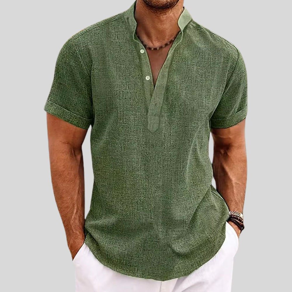 Men's Linen Shirt with Stand Collar and Short Sleeves