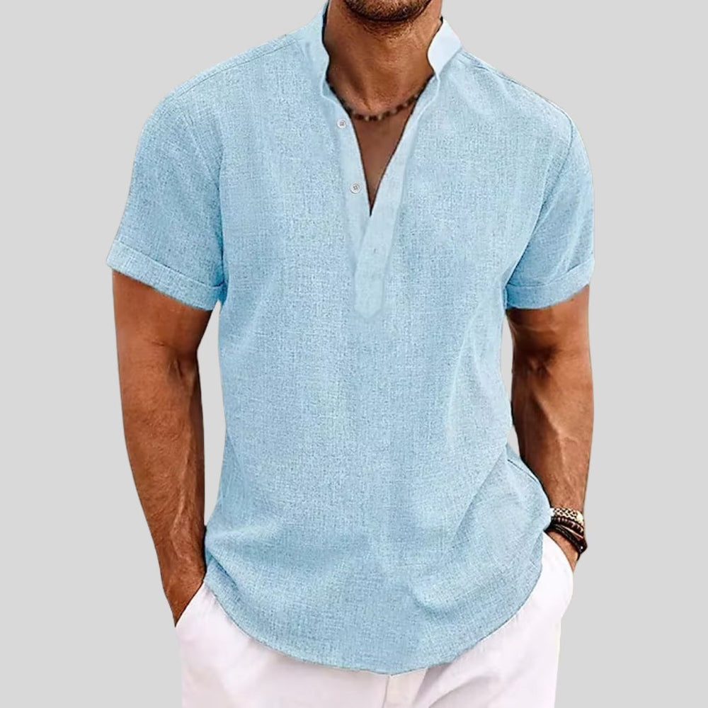 Men's Linen Shirt with Stand Collar and Short Sleeves