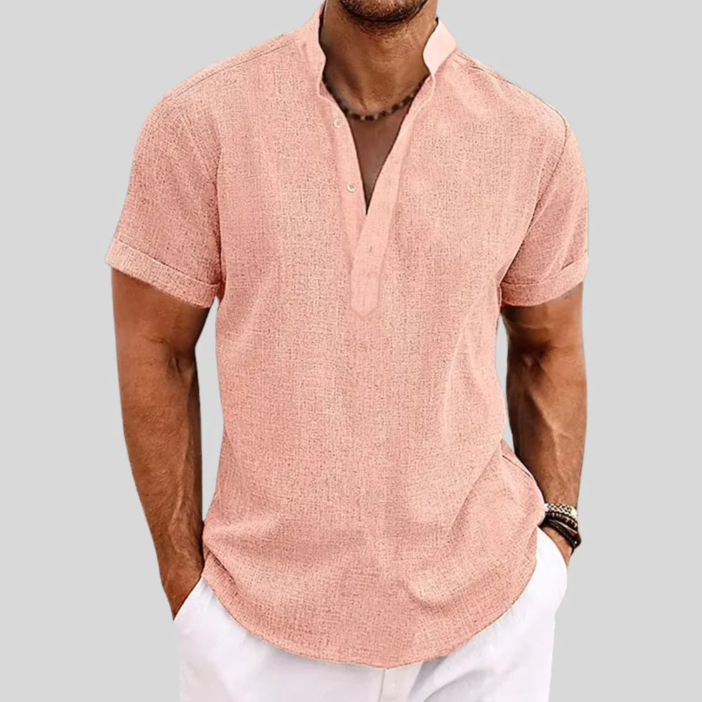 Men's Linen Shirt with Stand Collar and Short Sleeves