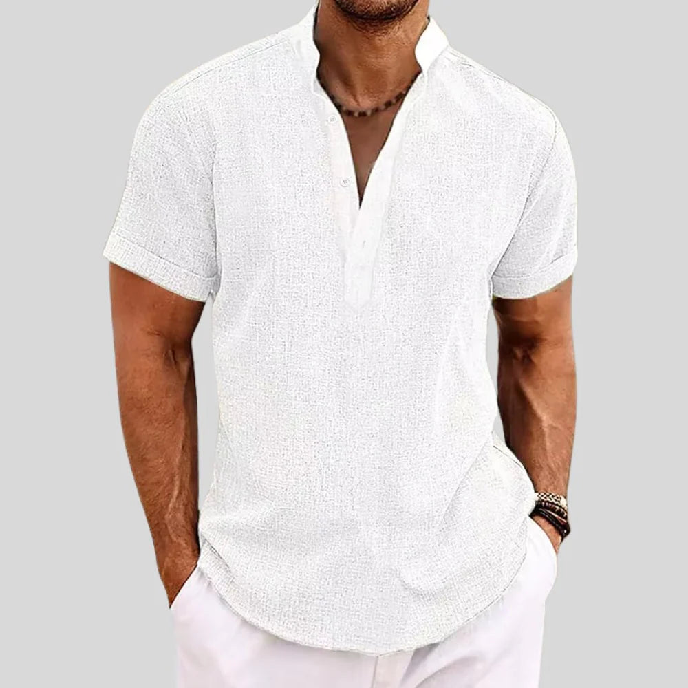 Men's Linen Shirt with Stand Collar and Short Sleeves