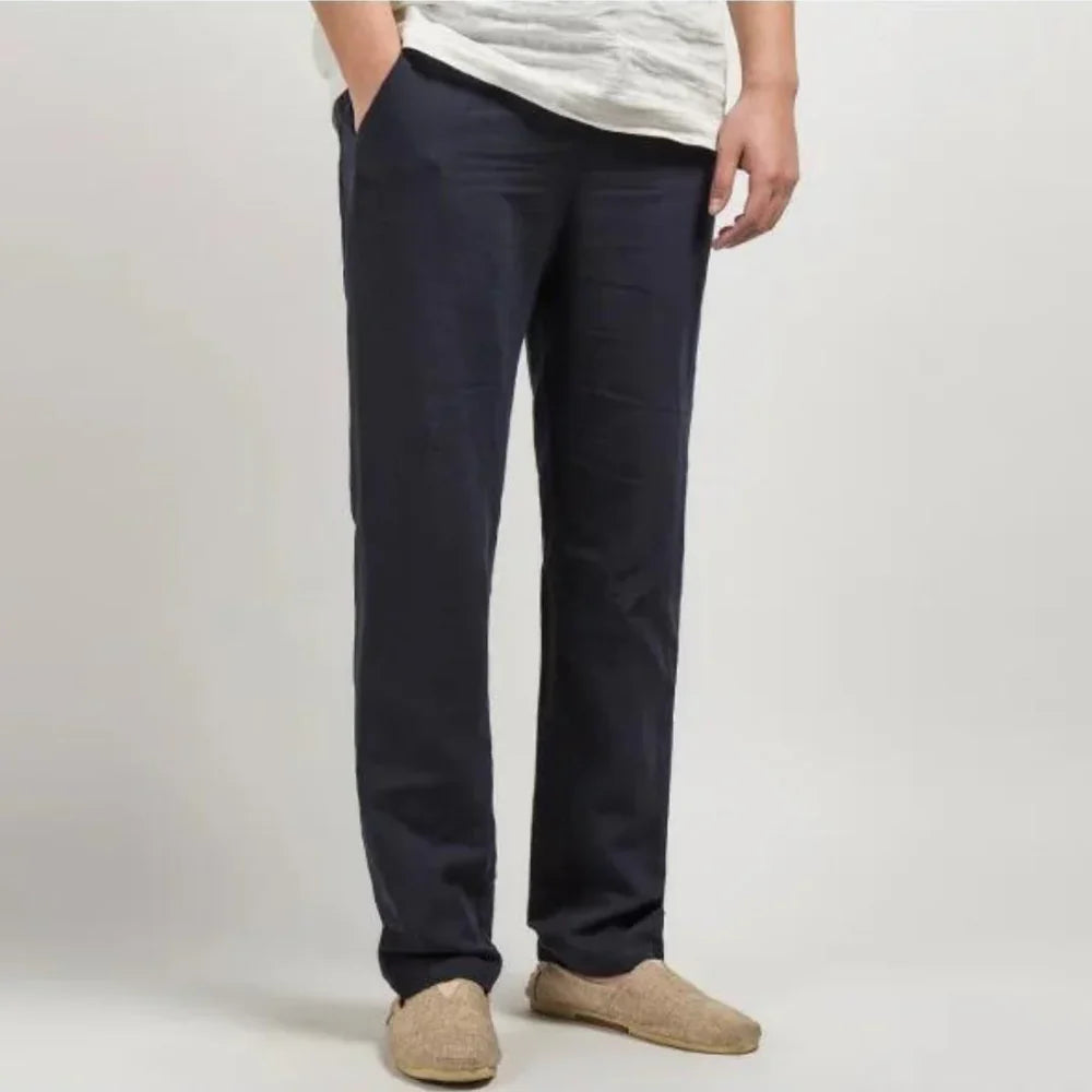 Men's Linen Trousers with Elasticated Waist and Straight Leg