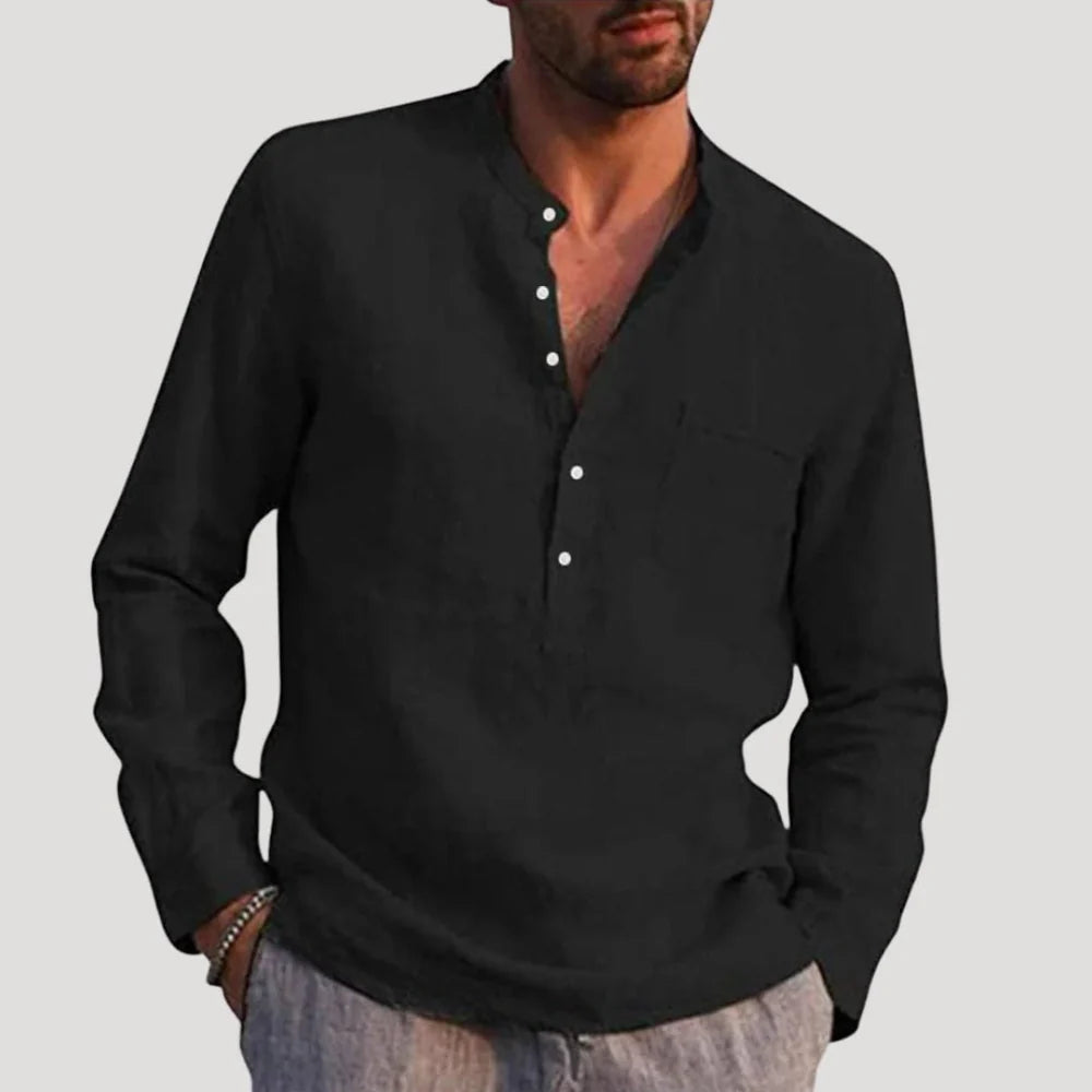 Men's Linen mix Shirt with Band Collar and Long Sleeves