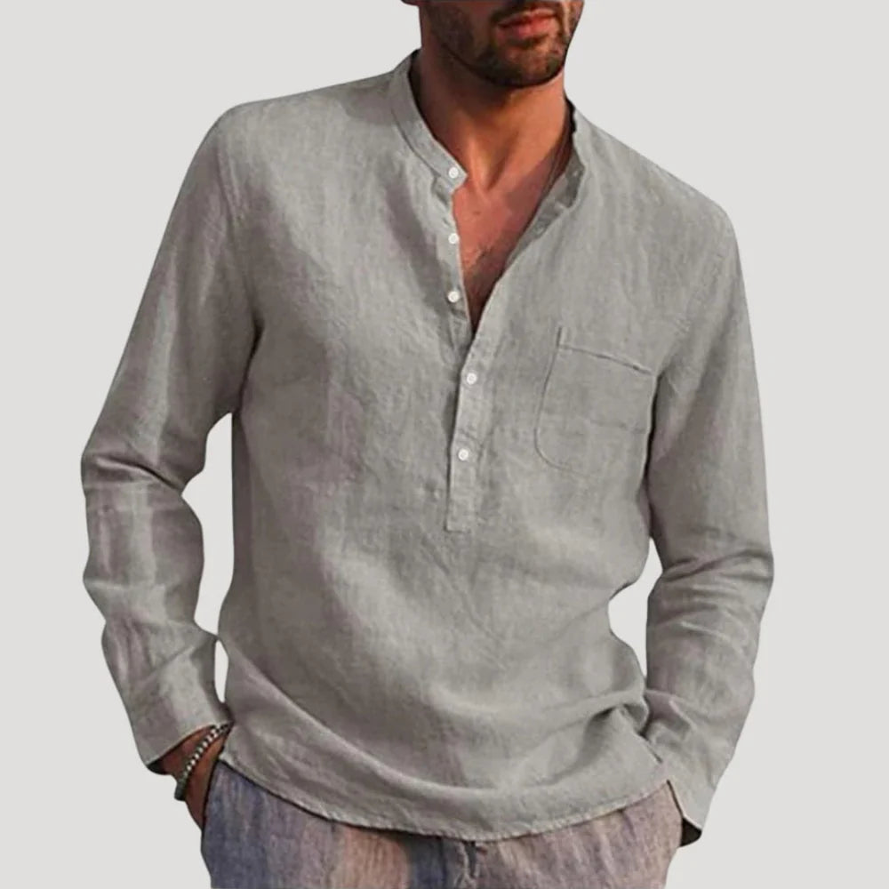 Men's Linen mix Shirt with Band Collar and Long Sleeves