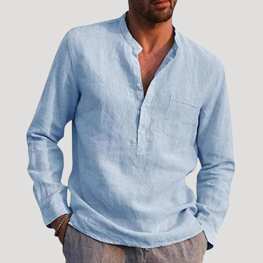Men's Linen mix Shirt with Band Collar and Long Sleeves