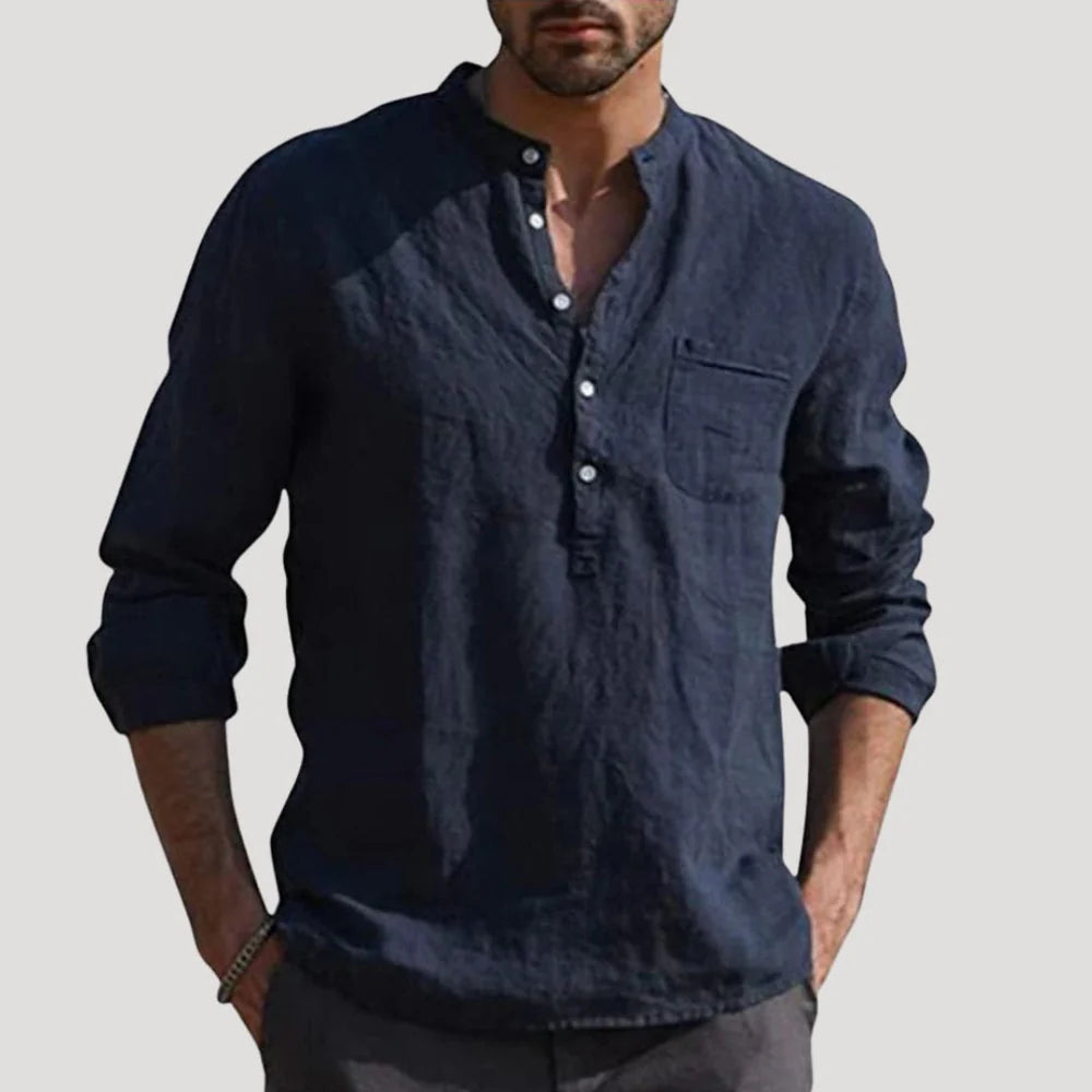 Men's Linen mix Shirt with Band Collar and Long Sleeves