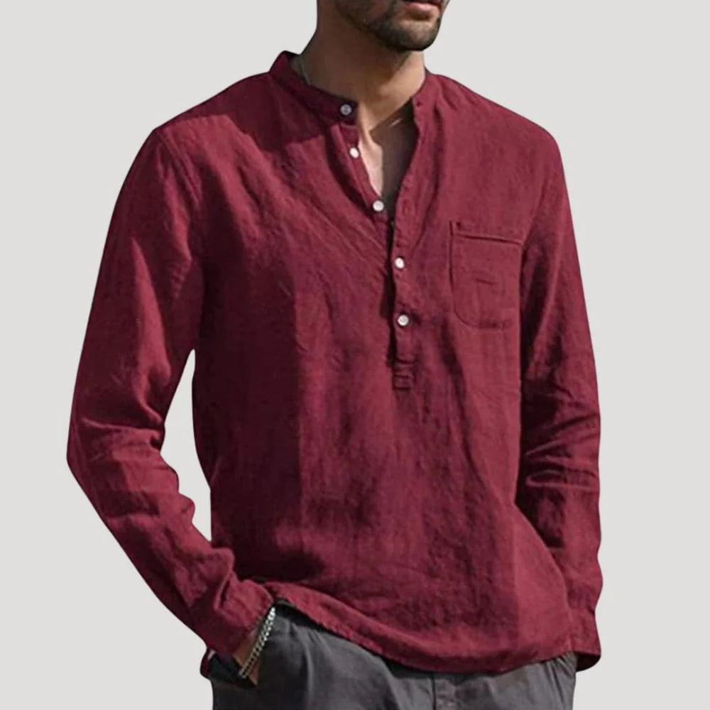 Men's Linen mix Shirt with Band Collar and Long Sleeves