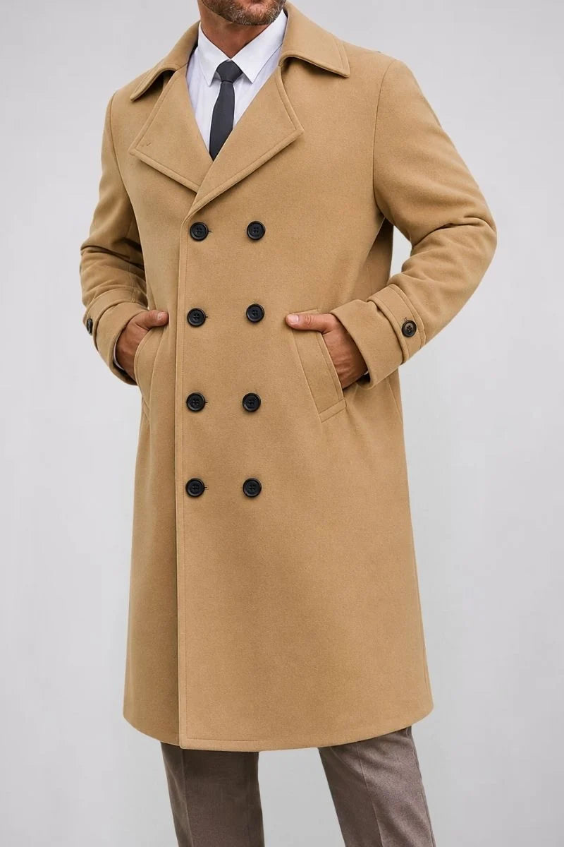 Men's Long Coat with Notch Lapel and Double Row Button Closure
