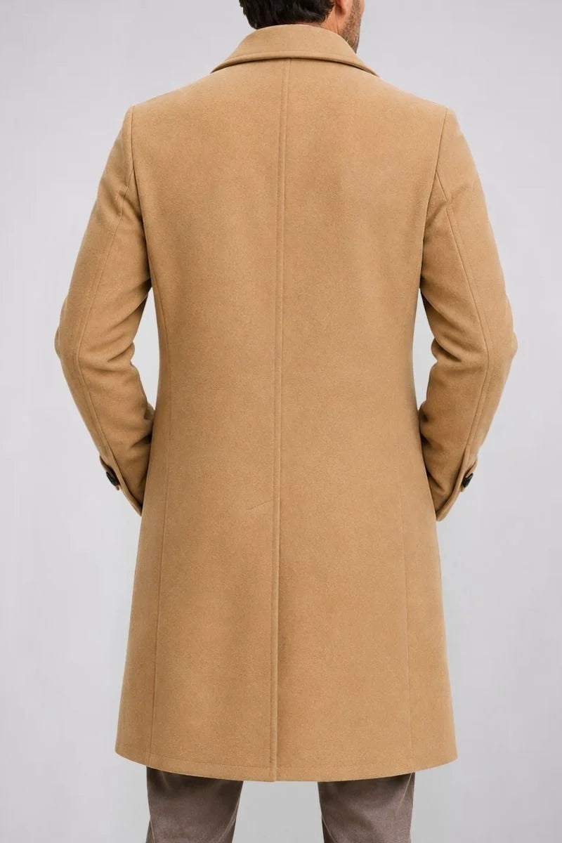 Men's Long Coat with Notch Lapel and Double Row Button Closure