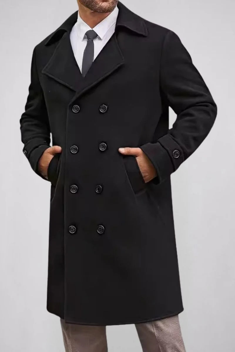 Men's Long Coat with Notch Lapel and Double Row Button Closure