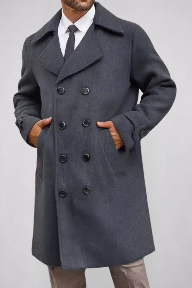 Men's Long Coat with Notch Lapel and Double Row Button Closure