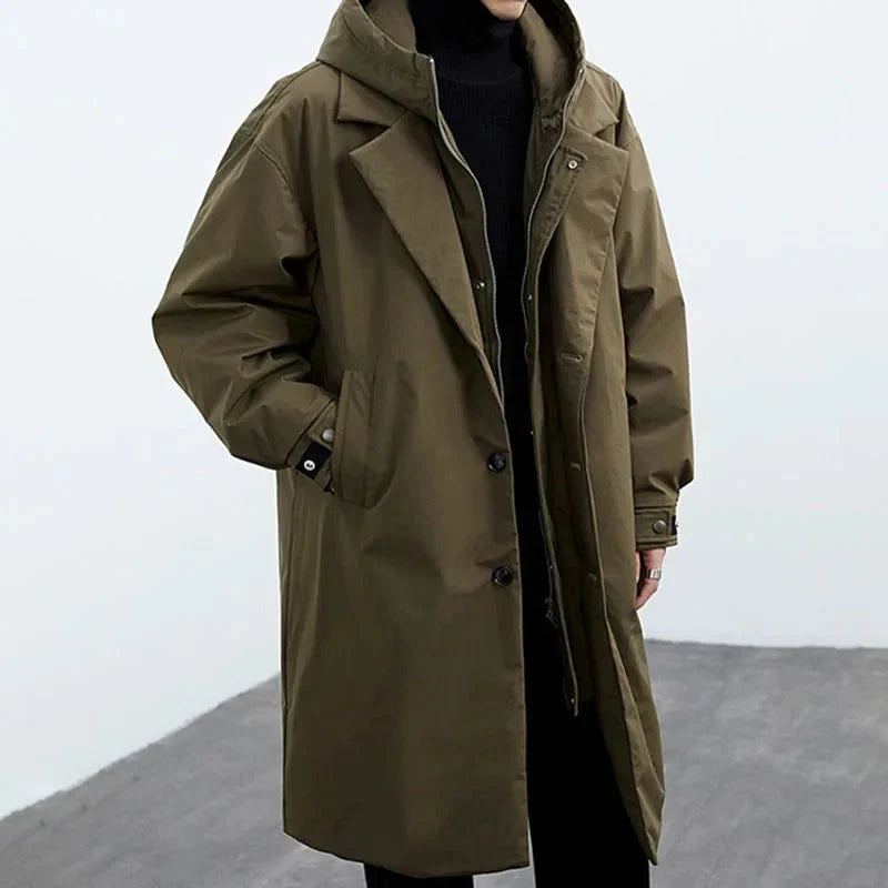 Men's Long Quilted Hooded Coat with Water-Resistant Outer
