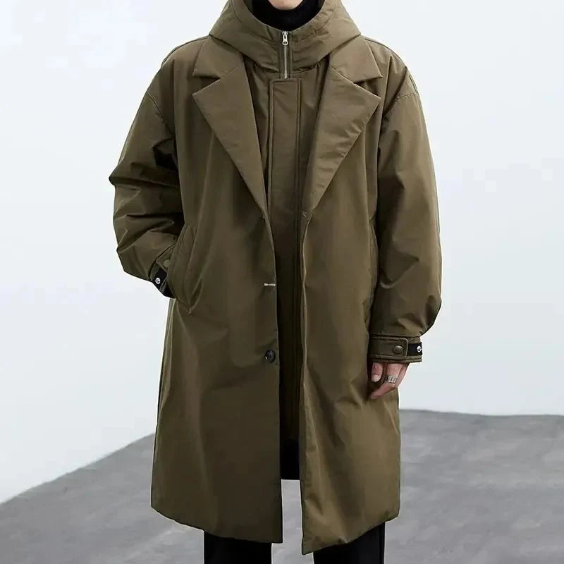 Men's Long Quilted Hooded Coat with Water-Resistant Outer