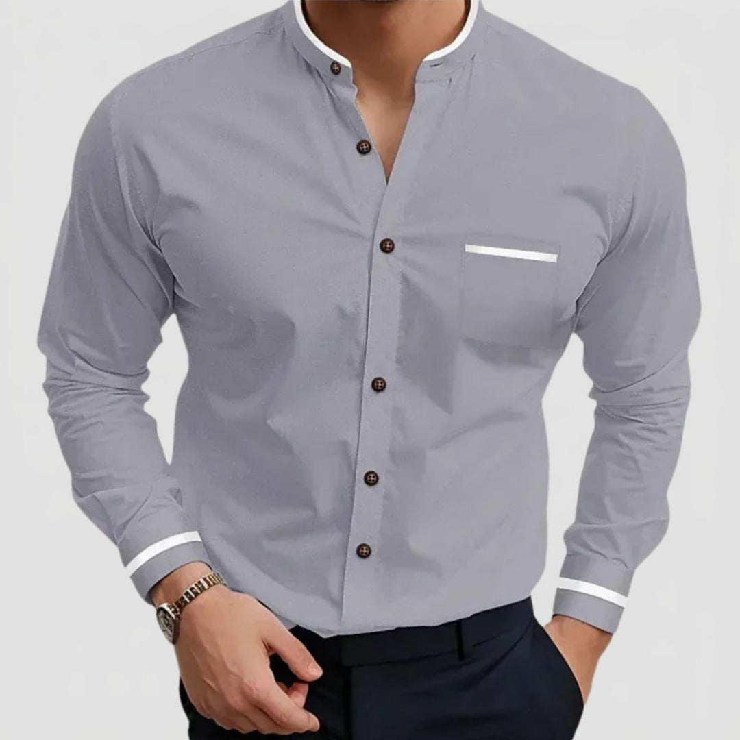 Men's Long Sleeve Grandad Collar Shirt with Contrast Trim