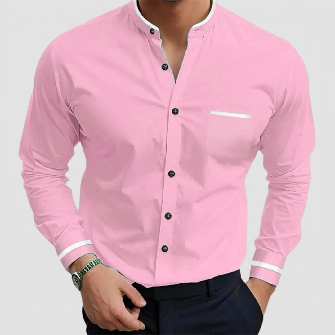 Men's Long Sleeve Grandad Collar Shirt with Contrast Trim