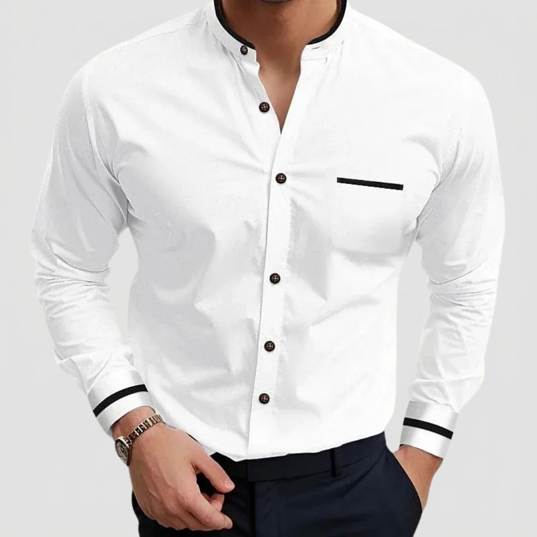 Men's Long Sleeve Grandad Collar Shirt with Contrast Trim