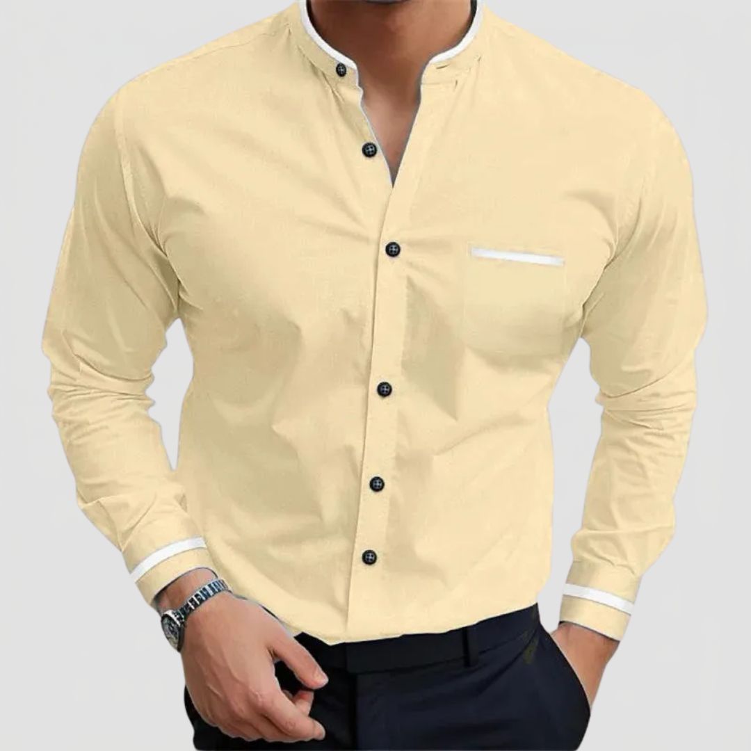 Men's Long Sleeve Grandad Collar Shirt with Contrast Trim