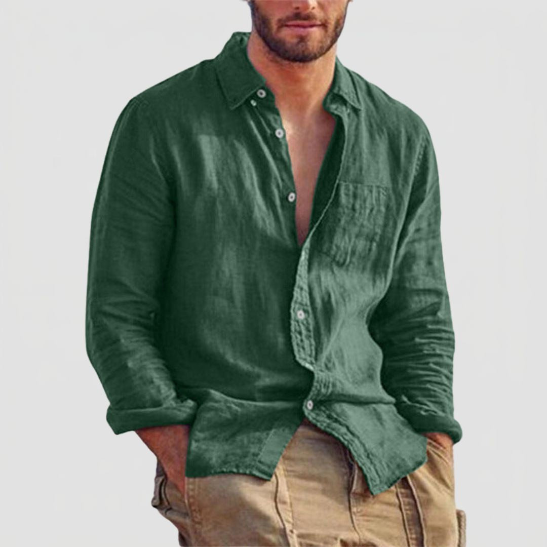 Men's Long Sleeve Linen Mix Shirt with Classic Collar and Button Closure
