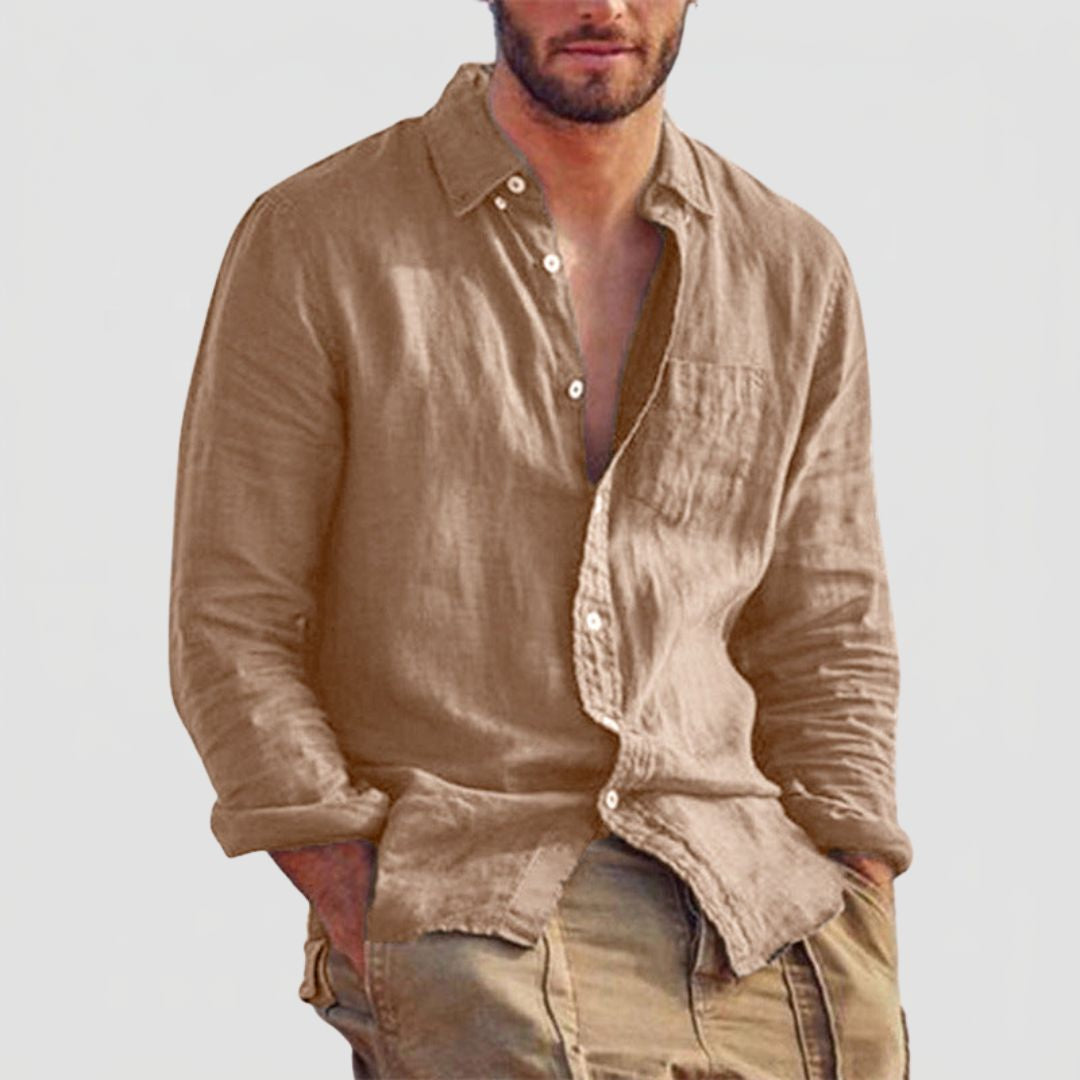 Men's Long Sleeve Linen Mix Shirt with Classic Collar and Button Closure