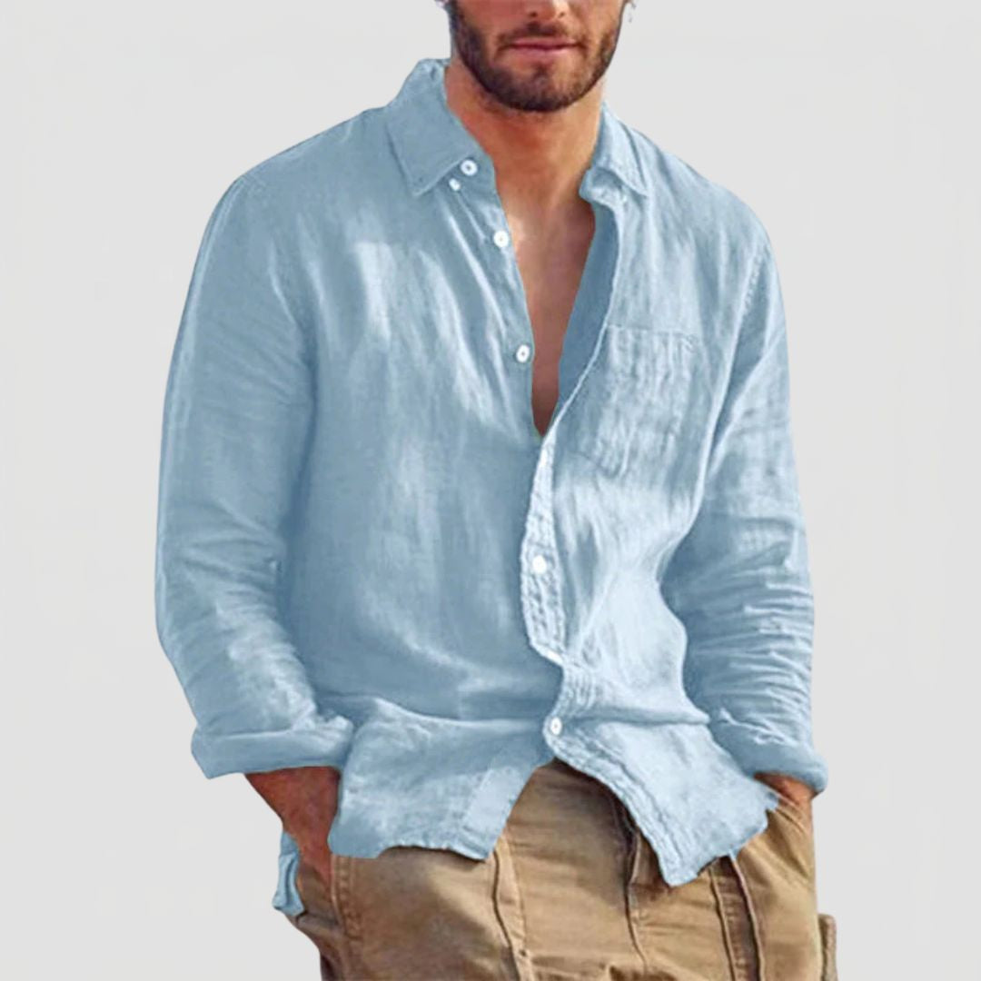 Men's Long Sleeve Linen Mix Shirt with Classic Collar and Button Closure