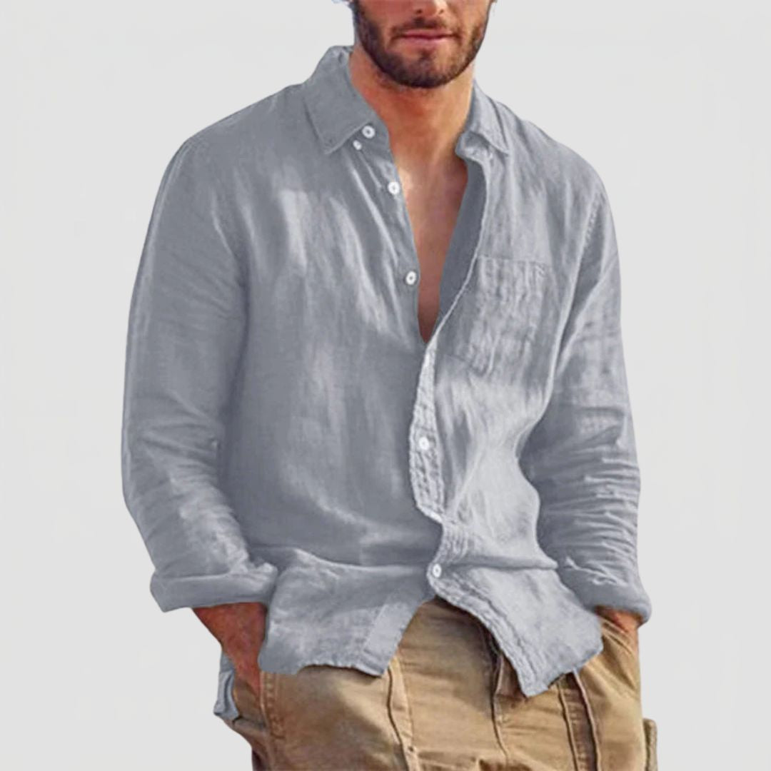 Men's Long Sleeve Linen Mix Shirt with Classic Collar and Button Closure