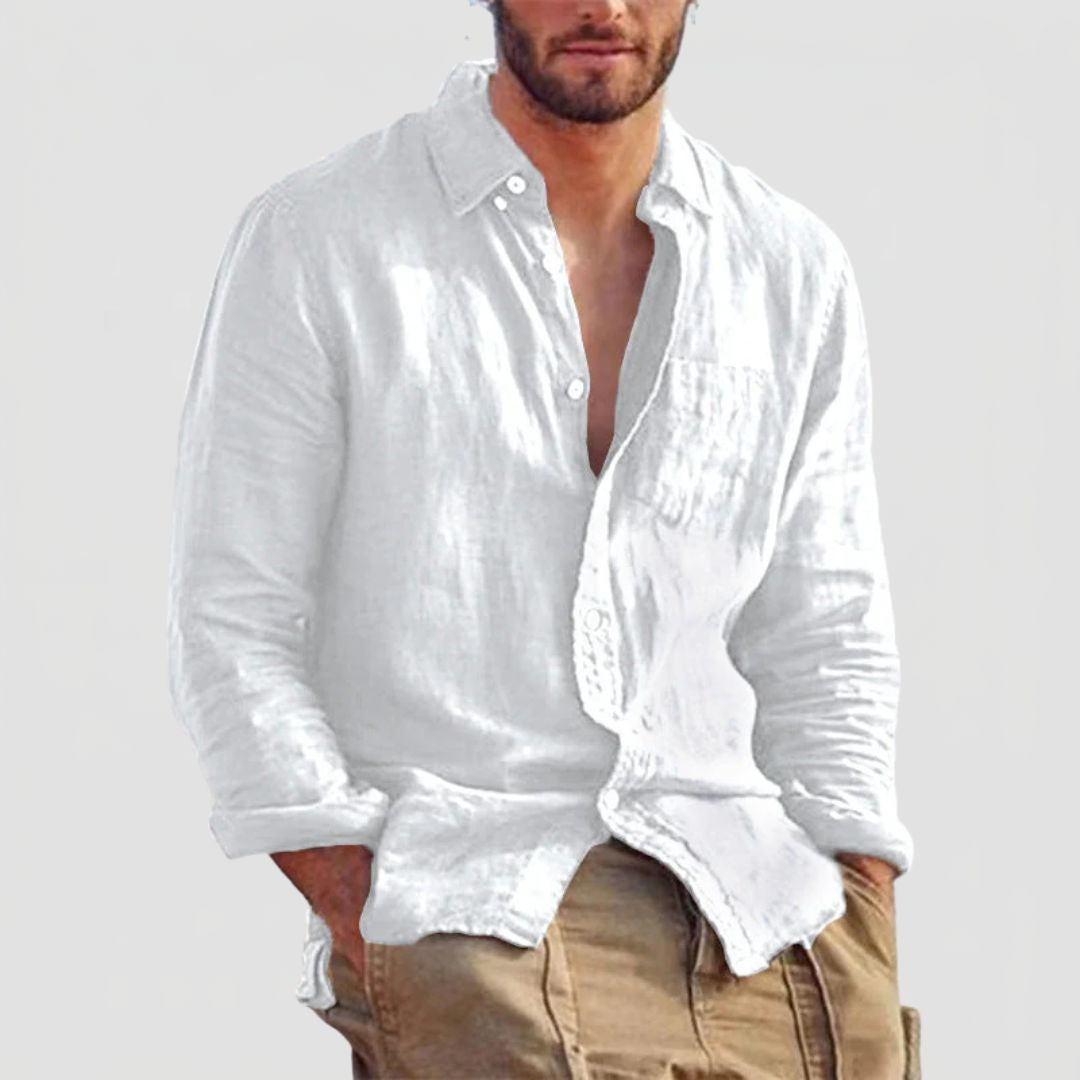 Men's Long Sleeve Linen Mix Shirt with Classic Collar and Button Closure