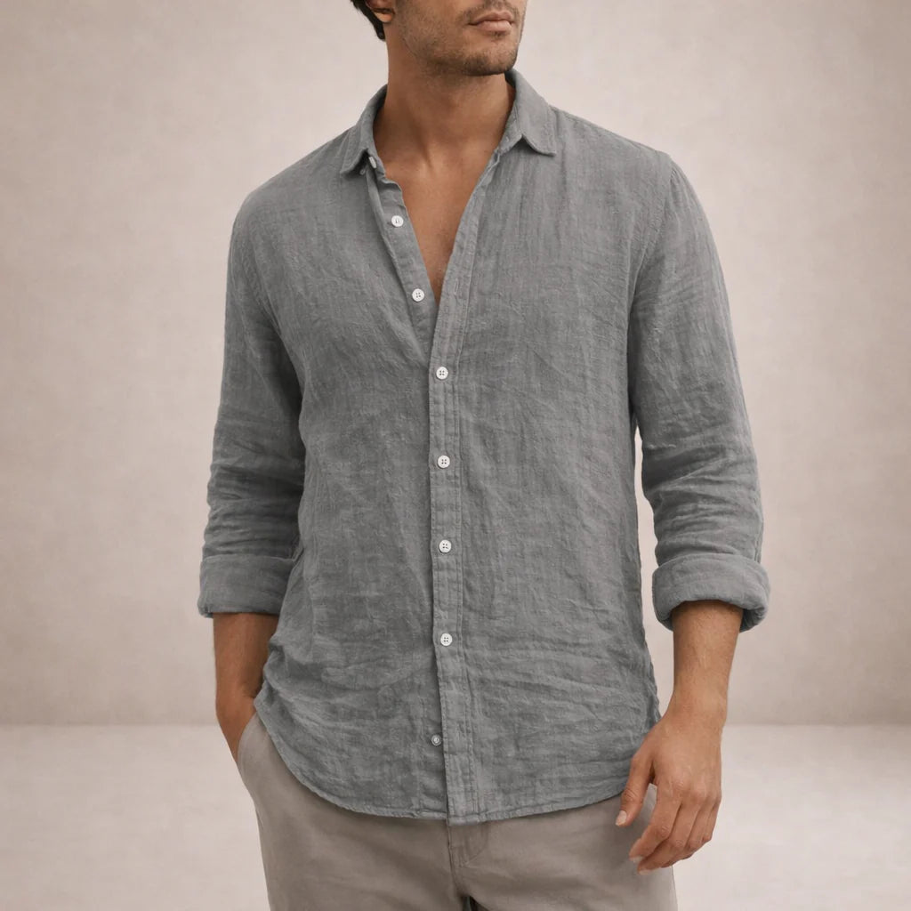 Men's Long Sleeve Linen Mix Shirt with Classic Collar and Relaxed Fit