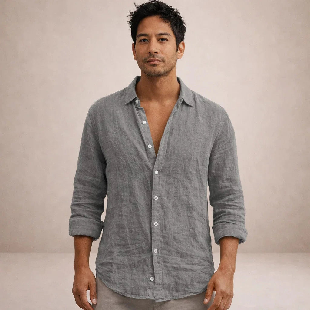 Men's Long Sleeve Linen Mix Shirt with Classic Collar and Relaxed Fit