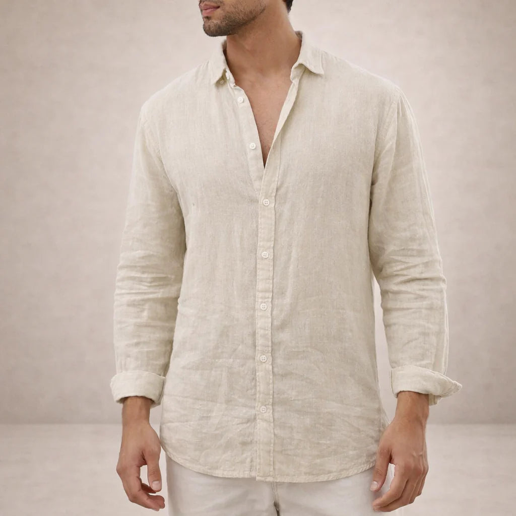 Men's Long Sleeve Linen Mix Shirt with Classic Collar and Relaxed Fit