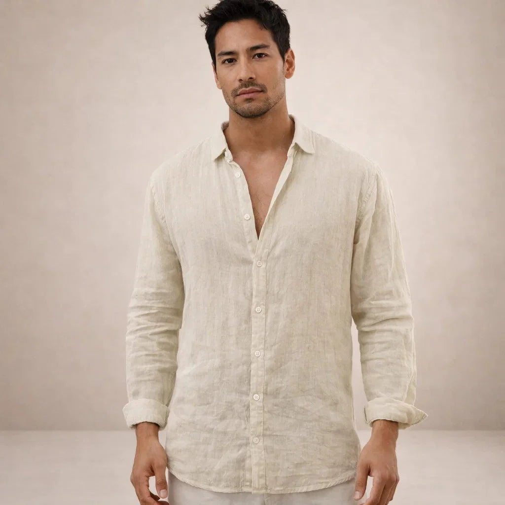 Men's Long Sleeve Linen Mix Shirt with Classic Collar and Relaxed Fit