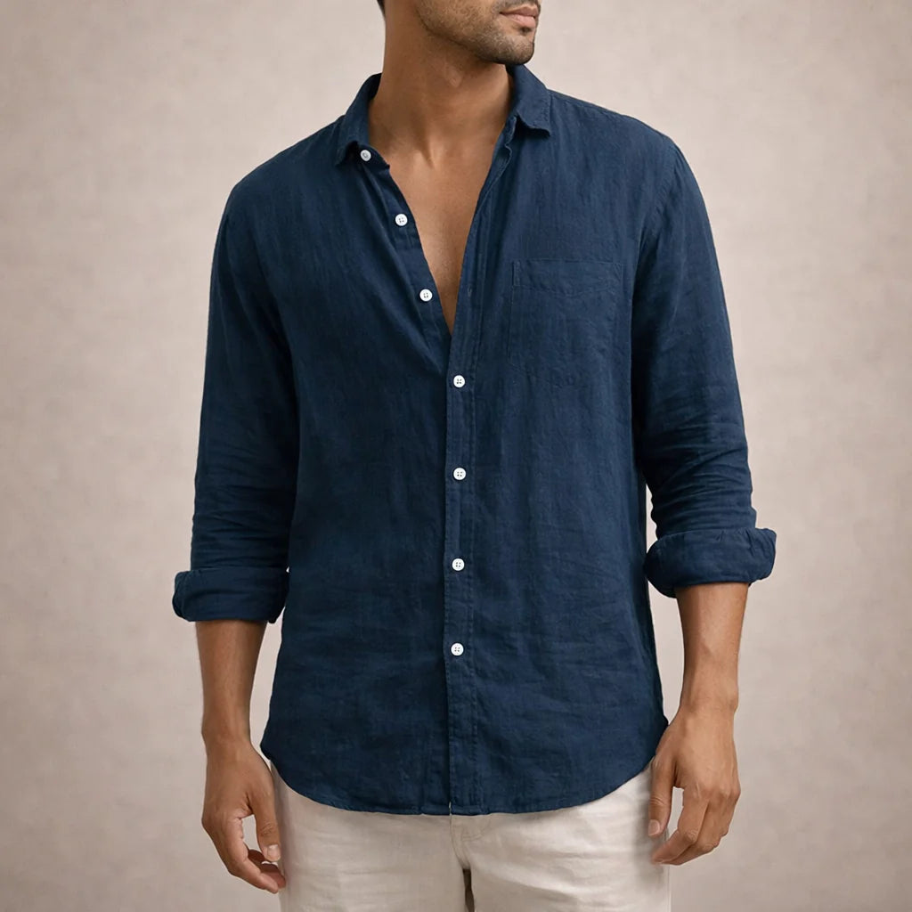 Men's Long Sleeve Linen Mix Shirt with Classic Collar and Relaxed Fit