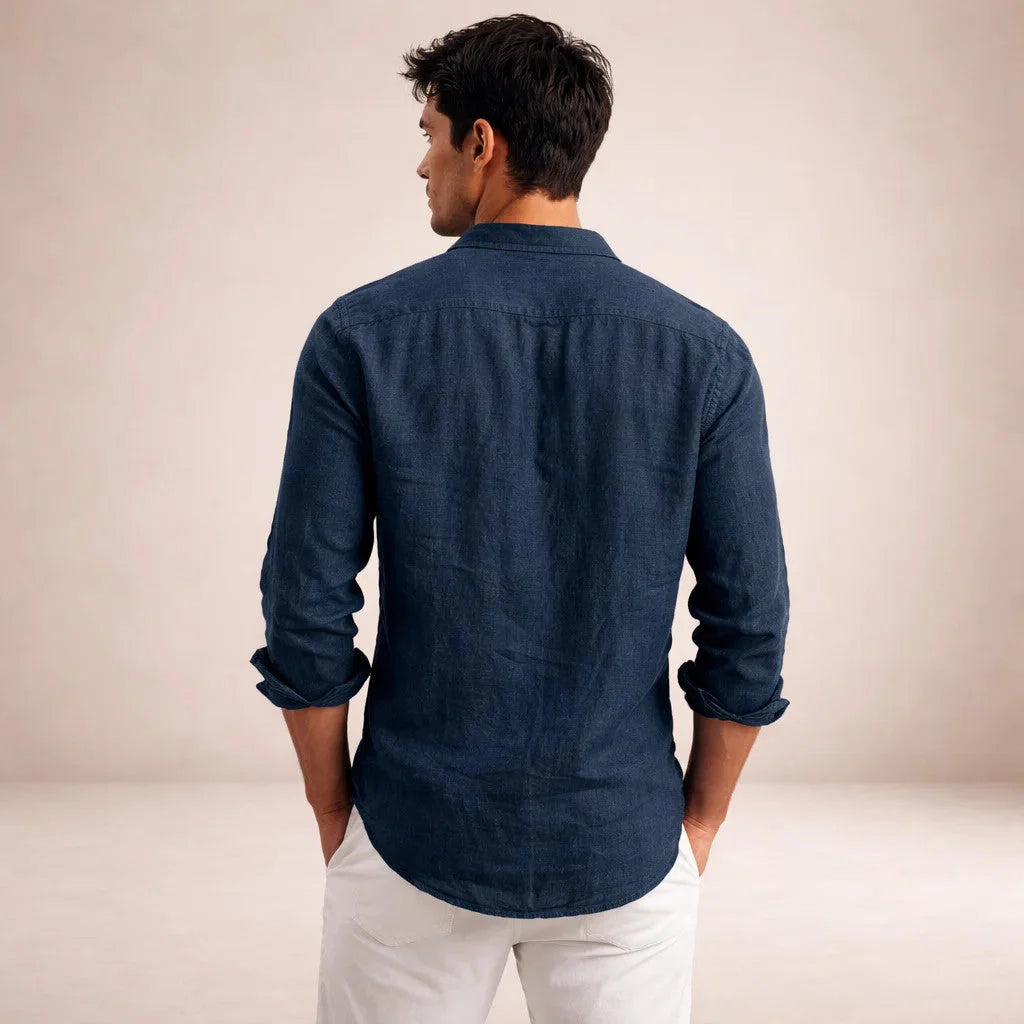 Men's Long Sleeve Linen Mix Shirt with Classic Collar and Relaxed Fit