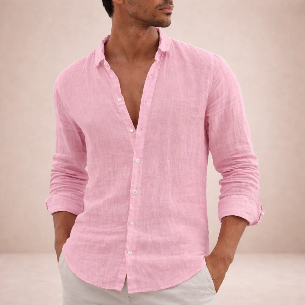 Men's Long Sleeve Linen Mix Shirt with Classic Collar and Relaxed Fit
