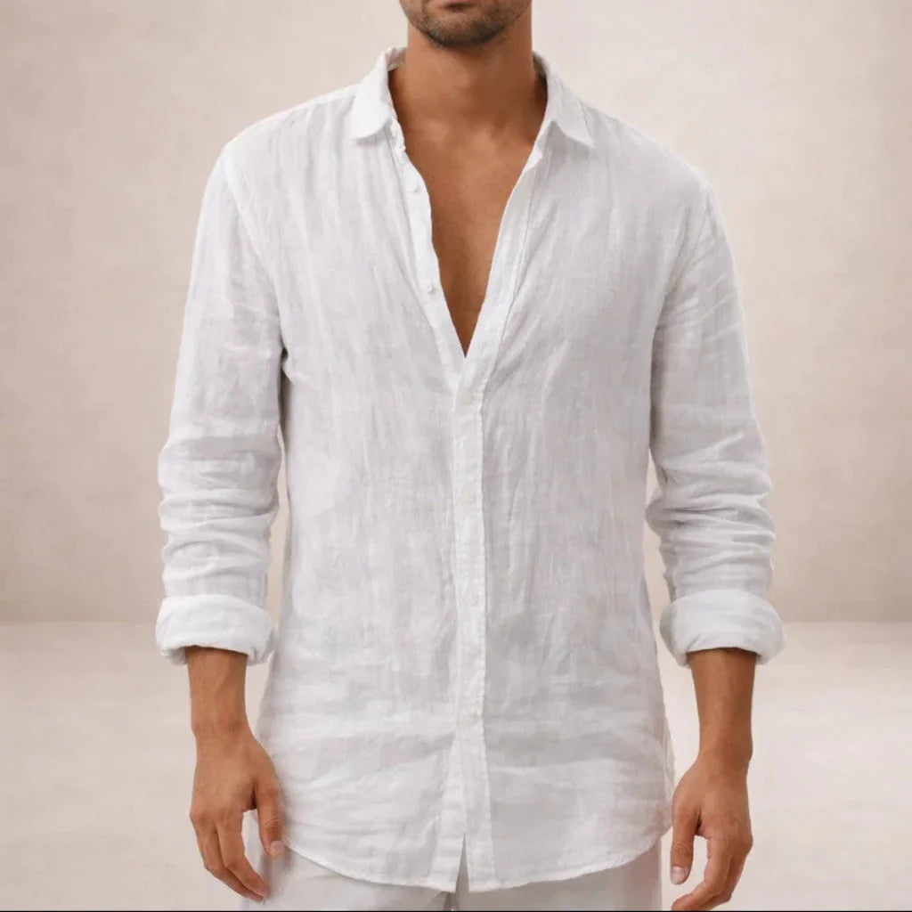 Men's Long Sleeve Linen Mix Shirt with Classic Collar and Relaxed Fit
