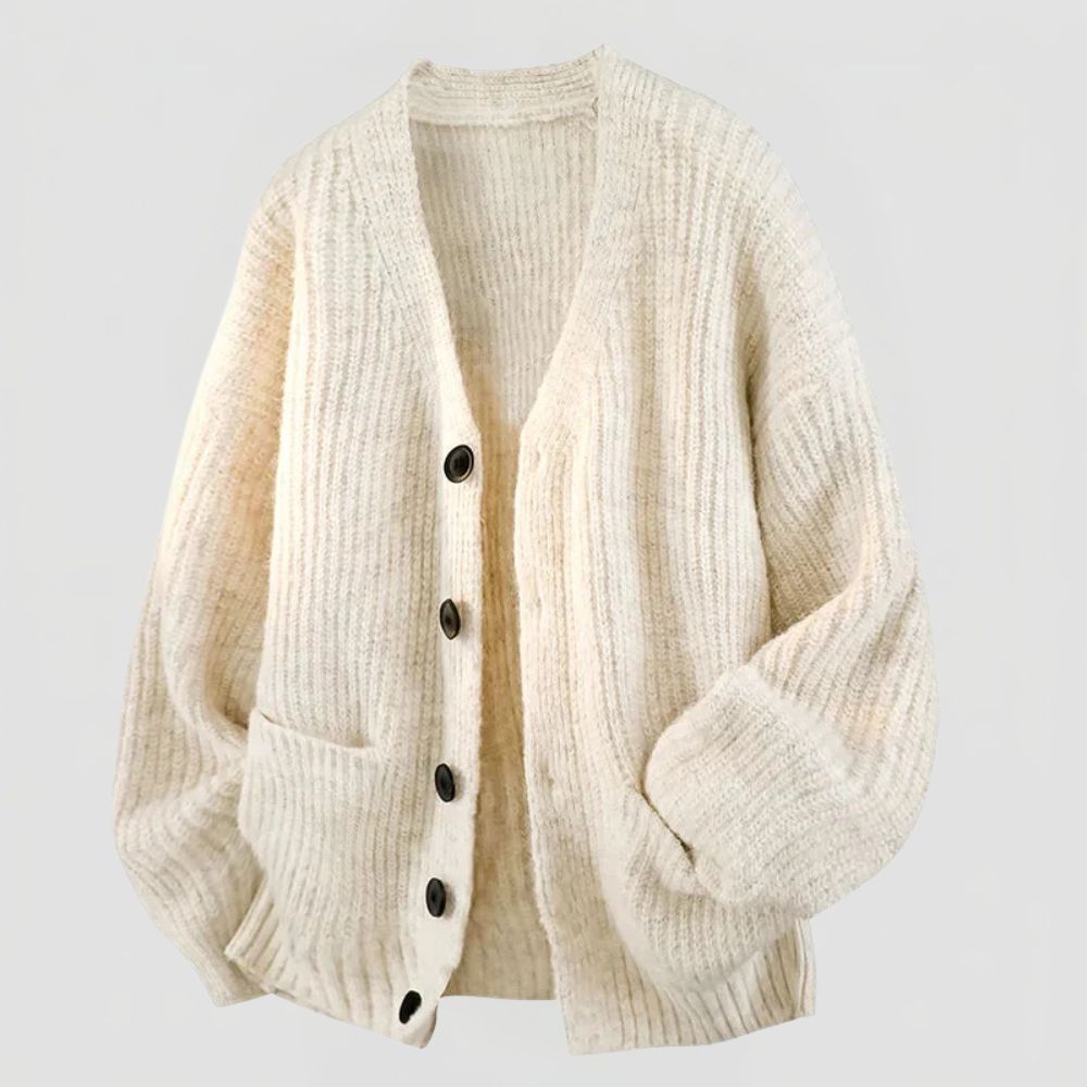 Men's Oversized Ribbed Knit Cardigan with V-Neck and Button Closure
