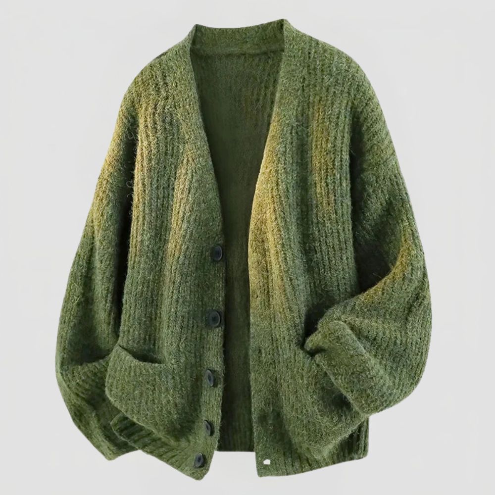 Men's Oversized Ribbed Knit Cardigan with V-Neck and Button Closure