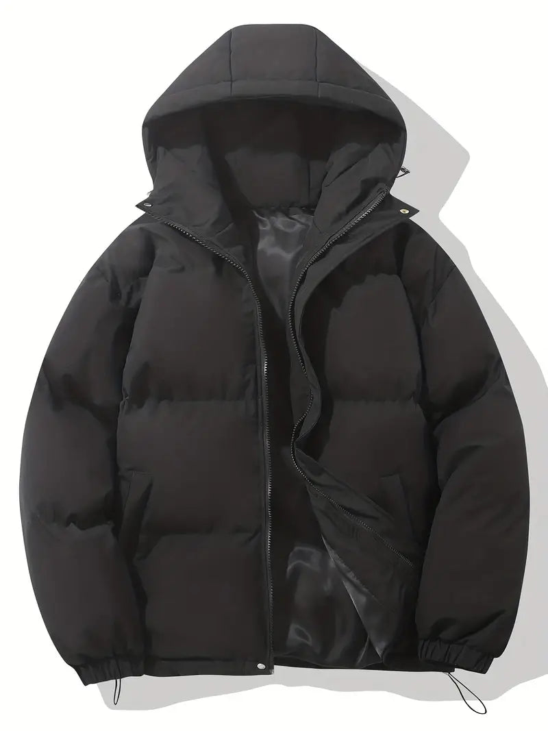 Men's Padded Hooded Puffer Jacket with Zip Closure and Drawstring Hem