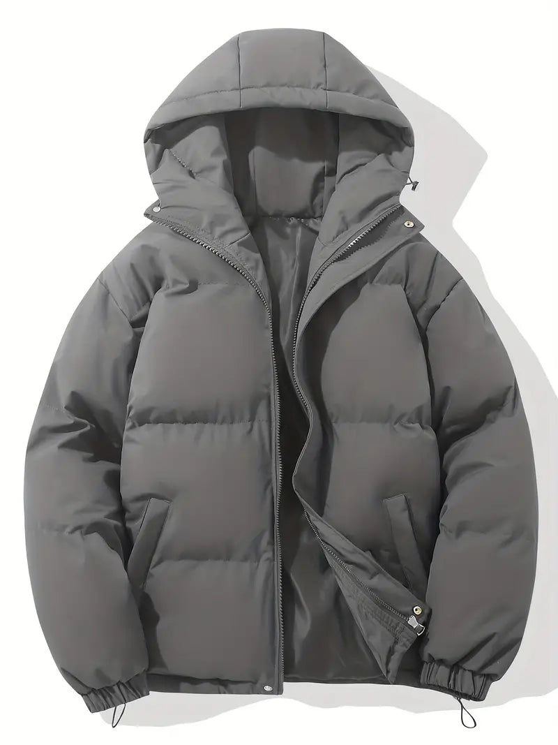 Men's Padded Hooded Puffer Jacket with Zip Closure and Drawstring Hem