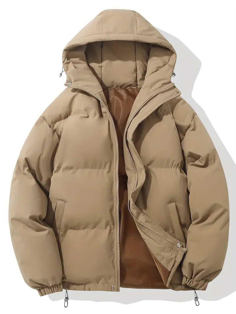 Men's Padded Hooded Puffer Jacket with Zip Closure and Drawstring Hem