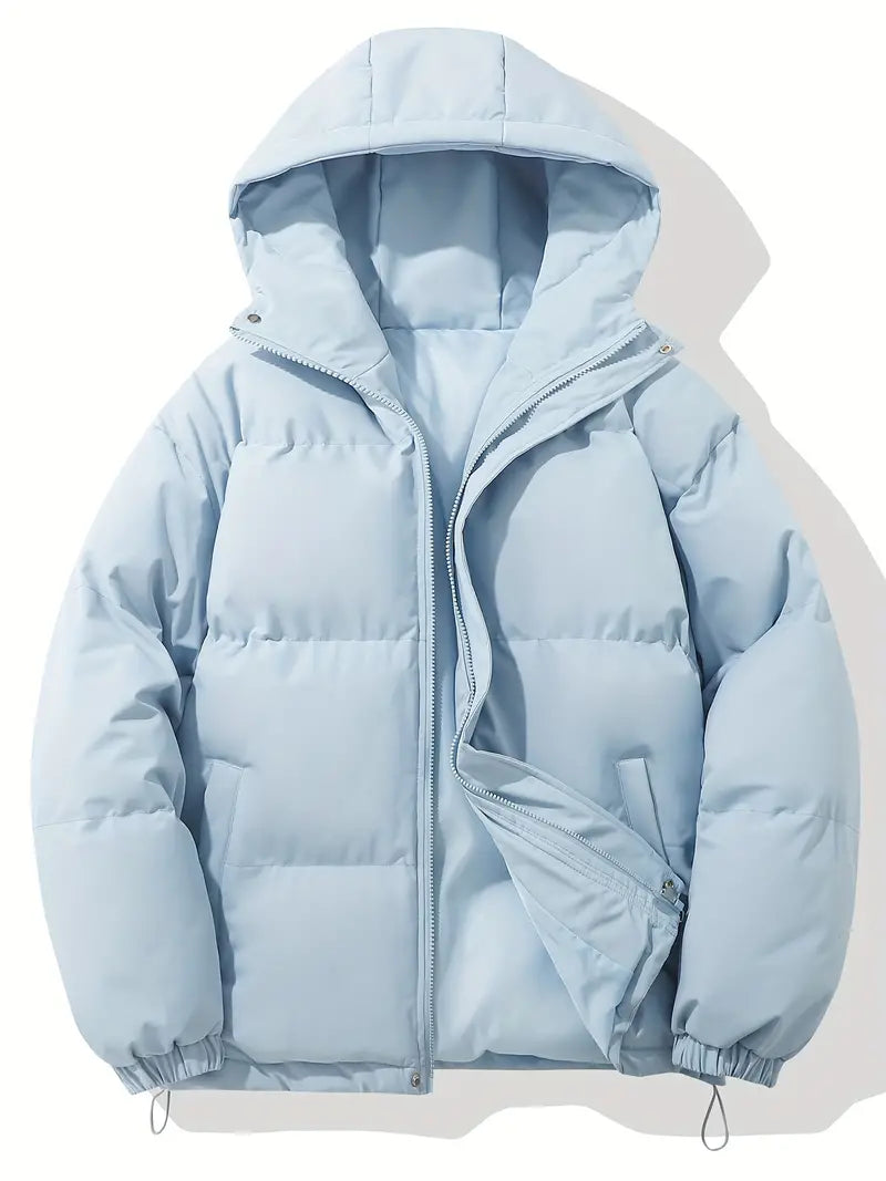 Men's Padded Hooded Puffer Jacket with Zip Closure and Drawstring Hem