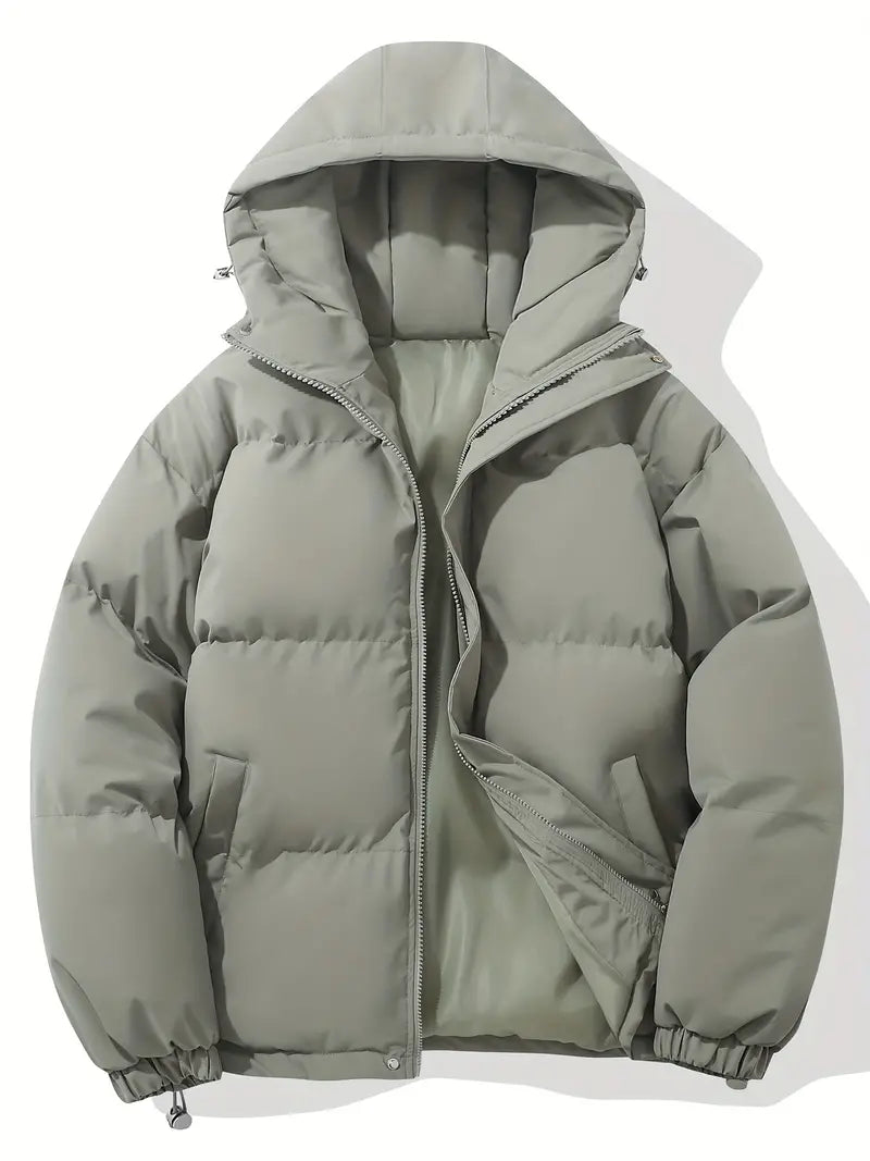 Men's Padded Hooded Puffer Jacket with Zip Closure and Drawstring Hem