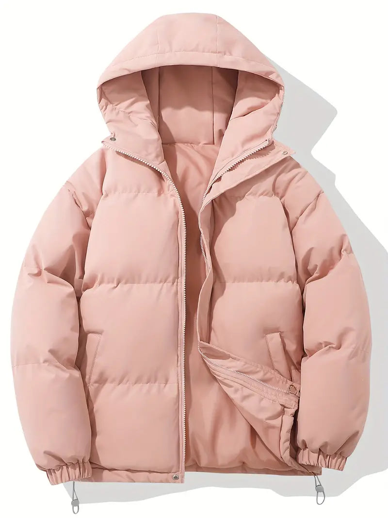 Men's Padded Hooded Puffer Jacket with Zip Closure and Drawstring Hem