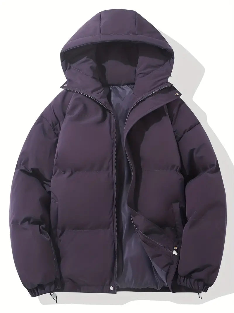 Men's Padded Hooded Puffer Jacket with Zip Closure and Drawstring Hem
