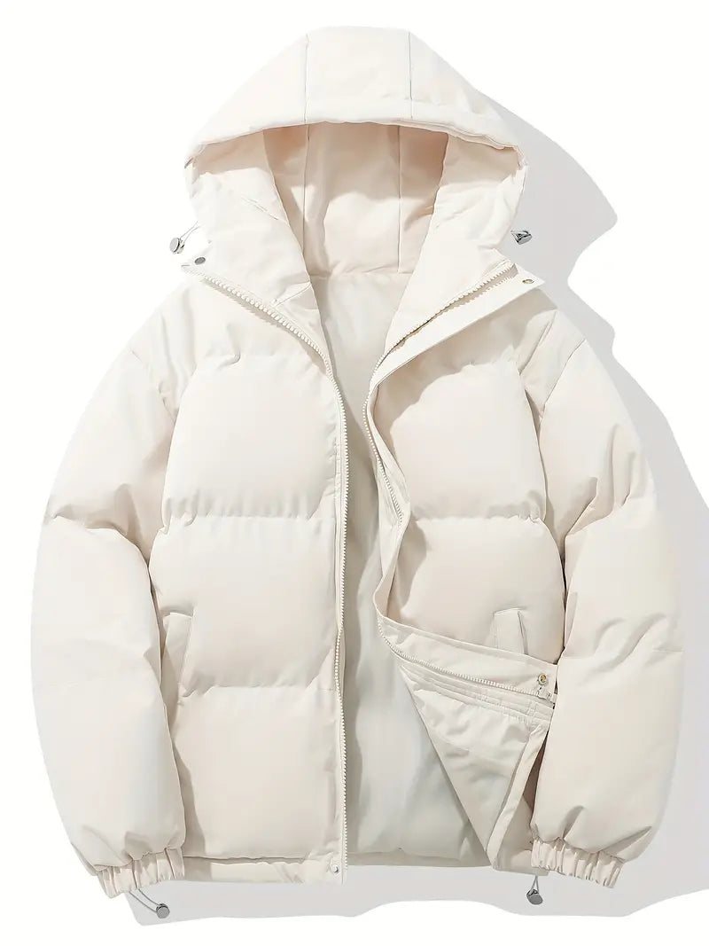 Men's Padded Hooded Puffer Jacket with Zip Closure and Drawstring Hem