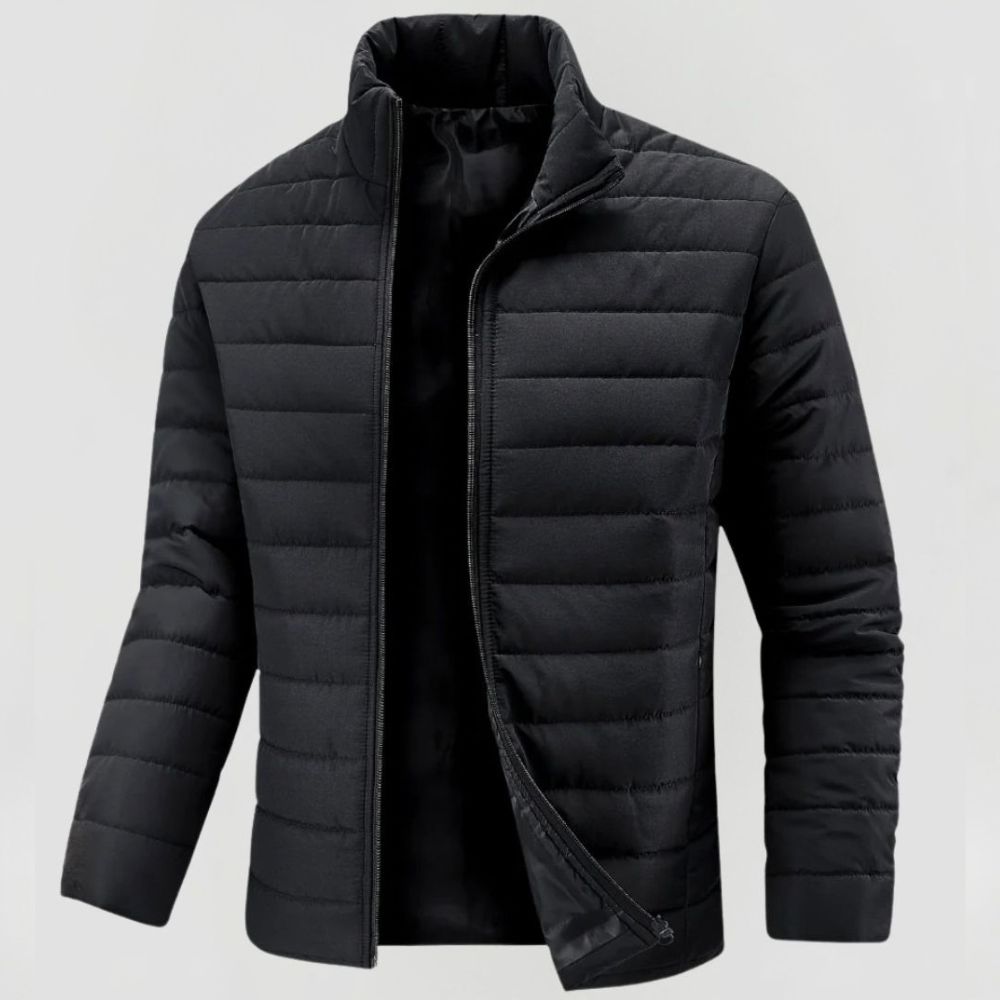 Men's Padded Winter Jacket with Stand Collar and Zip Closure