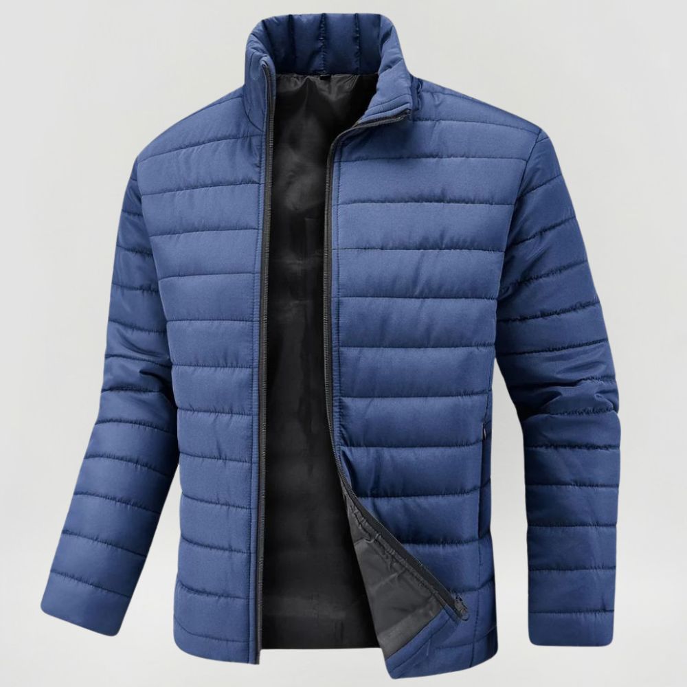 Men's Padded Winter Jacket with Stand Collar and Zip Closure
